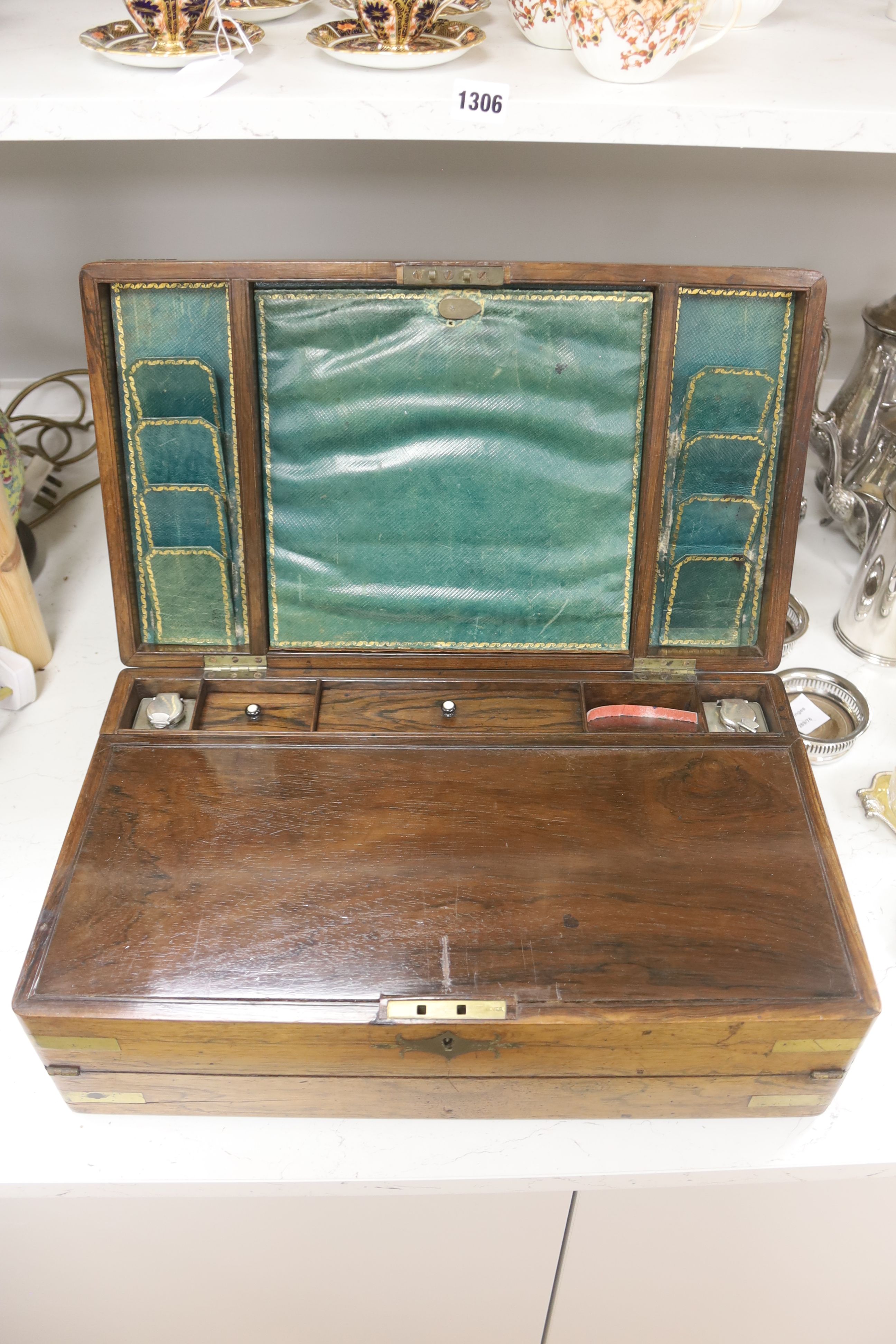 An early Victorian brass bound rosewood writing box